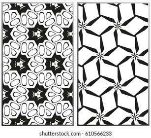 Vector monochrome seamless patterns set, abstract geometric texture. Ornament for interior design. Repeating abstract background with chaotic strokes.