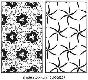 Vector monochrome seamless patterns set, abstract geometric texture. Ornament for interior design. Repeating abstract background with chaotic strokes.