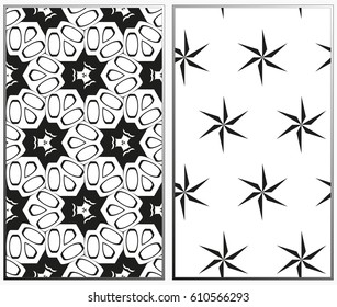 Vector monochrome seamless patterns set, abstract geometric texture. Ornament for interior design. Repeating abstract background with chaotic strokes.