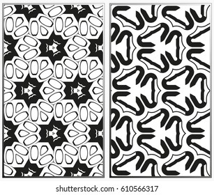 Vector monochrome seamless patterns set, abstract geometric texture. Ornament for interior design. Repeating abstract background with chaotic strokes.