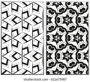Vector monochrome seamless patterns set, abstract geometric texture. Ornament for interior design. Repeating abstract background with chaotic strokes.
