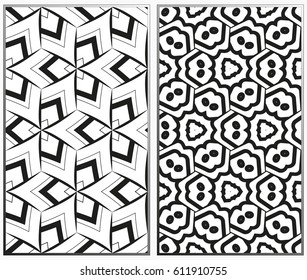 Vector monochrome seamless patterns set, abstract geometric texture. Ornament for interior design. Repeating abstract background with chaotic strokes.