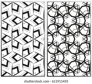 Vector monochrome seamless patterns set, abstract geometric texture. Ornament for interior design. Repeating abstract background with chaotic strokes.