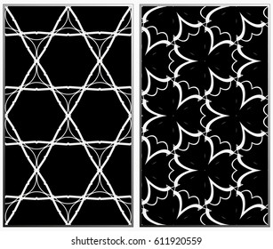 Vector monochrome seamless patterns set, abstract geometric texture. Ornament for interior design. Repeating abstract background with chaotic strokes.