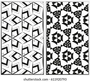 Vector monochrome seamless patterns set, abstract geometric texture. Ornament for interior design. Repeating abstract background with chaotic strokes.