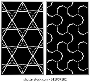 Vector monochrome seamless patterns set, abstract geometric texture. Ornament for interior design. Repeating abstract background with chaotic strokes.