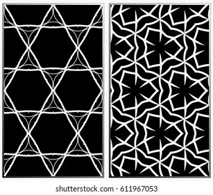 Vector monochrome seamless patterns set, abstract geometric texture. Ornament for interior design. Repeating abstract background with chaotic strokes.