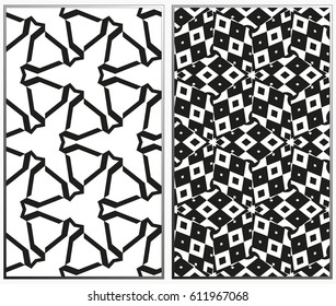 Vector monochrome seamless patterns set, abstract geometric texture. Ornament for interior design. Repeating abstract background with chaotic strokes.