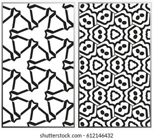 Vector monochrome seamless patterns set, abstract geometric texture. Ornament for interior design. Repeating abstract background with chaotic strokes.