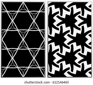 Vector monochrome seamless patterns set, abstract geometric texture. Ornament for interior design. Repeating abstract background with chaotic strokes.