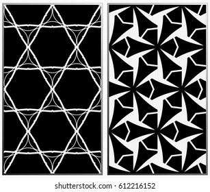 Vector monochrome seamless patterns set, abstract geometric texture. Ornament for interior design. Repeating abstract background with chaotic strokes.