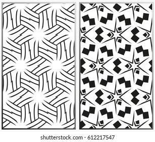 Vector monochrome seamless patterns set, abstract geometric texture. Ornament for interior design. Repeating abstract background with chaotic strokes.