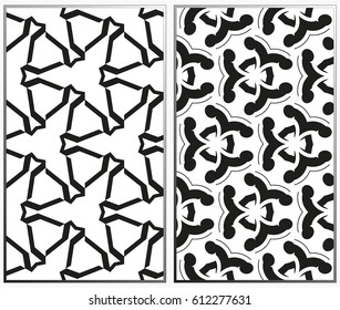 Vector monochrome seamless patterns set, abstract geometric texture. Ornament for interior design. Repeating abstract background with chaotic strokes.