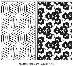 Vector monochrome seamless patterns set, abstract geometric texture. Ornament for interior design. Repeating abstract background with chaotic strokes.