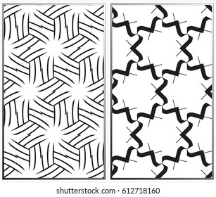 Vector monochrome seamless patterns set, abstract geometric texture. Ornament for interior design. Repeating abstract background with chaotic strokes.