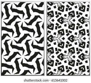 Vector monochrome seamless patterns set, abstract geometric texture. Ornament for interior design. Repeating abstract background with chaotic strokes.