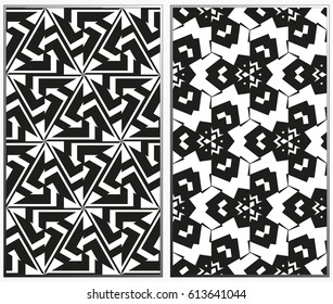 Vector monochrome seamless patterns set, abstract geometric texture. Ornament for interior design. Repeating abstract background with chaotic strokes.