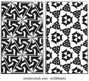 Vector monochrome seamless patterns set, abstract geometric texture. Ornament for interior design. Repeating abstract background with chaotic strokes.