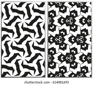 Vector monochrome seamless patterns set, abstract geometric texture. Ornament for interior design. Repeating abstract background with chaotic strokes.
