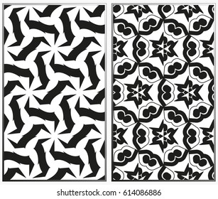 Vector monochrome seamless patterns set, abstract geometric texture. Ornament for interior design. Repeating abstract background with chaotic strokes.