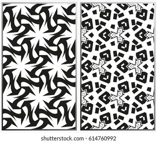 Vector monochrome seamless patterns set, abstract geometric texture. Ornament for interior design. Repeating abstract background with chaotic strokes.