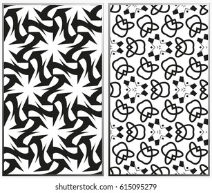 Vector monochrome seamless patterns set, abstract geometric texture. Ornament for interior design. Repeating abstract background with chaotic strokes.