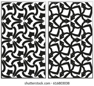 Vector monochrome seamless patterns set, abstract geometric texture. Ornament for interior design. Repeating abstract background with chaotic strokes.