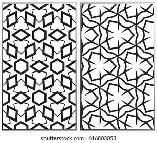 Vector monochrome seamless patterns set, abstract geometric texture. Ornament for interior design. Repeating abstract background with chaotic strokes.