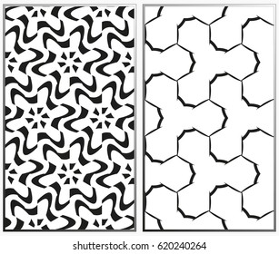 Vector monochrome seamless patterns set, abstract geometric texture. Ornament for interior design. Repeating abstract background with chaotic strokes.