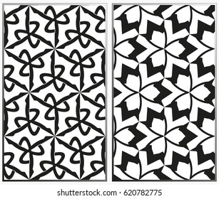 Vector monochrome seamless patterns set, abstract geometric texture. Ornament for interior design. Repeating abstract background with chaotic strokes.