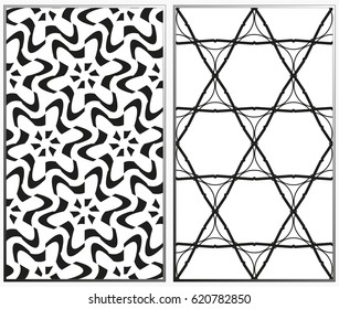 Vector monochrome seamless patterns set, abstract geometric texture. Ornament for interior design. Repeating abstract background with chaotic strokes.
