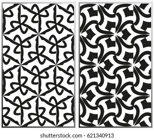 Vector monochrome seamless patterns set, abstract geometric texture. Ornament for interior design. Repeating abstract background with chaotic strokes.