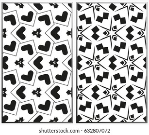 Vector monochrome seamless patterns set, abstract geometric texture. Ornament for interior design. Repeating abstract background with chaotic strokes.