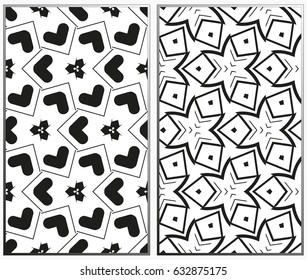 Vector monochrome seamless patterns set, abstract geometric texture. Ornament for interior design. Repeating abstract background with chaotic strokes.