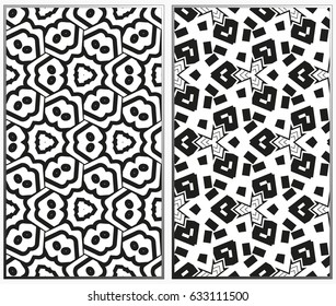 Vector monochrome seamless patterns set, abstract geometric texture. Ornament for interior design. Repeating abstract background with chaotic strokes.