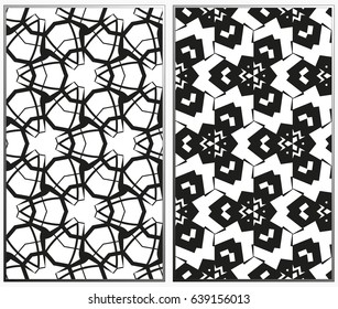 Vector monochrome seamless patterns set, abstract geometric texture. Ornament for interior design. Repeating abstract background with chaotic strokes.