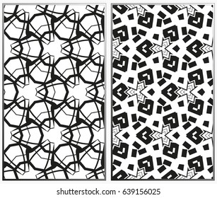 Vector monochrome seamless patterns set, abstract geometric texture. Ornament for interior design. Repeating abstract background with chaotic strokes.