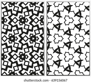 Vector monochrome seamless patterns set, abstract geometric texture. Ornament for interior design. Repeating abstract background with chaotic strokes.