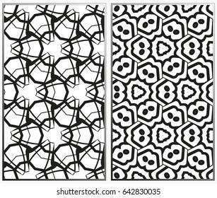 Vector monochrome seamless patterns set, abstract geometric texture. Ornament for interior design. Repeating abstract background with chaotic strokes.