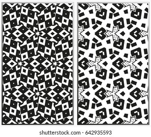 Vector monochrome seamless patterns set, abstract geometric texture. Ornament for interior design. Repeating abstract background with chaotic strokes.