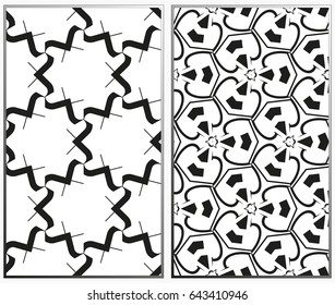 Vector monochrome seamless patterns set, abstract geometric texture. Ornament for interior design. Repeating abstract background with chaotic strokes.