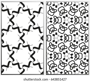 Vector monochrome seamless patterns set, abstract geometric texture. Ornament for interior design. Repeating background with chaotic strokes.