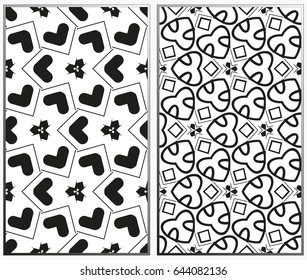 Vector monochrome seamless patterns set, abstract geometric texture. Ornament for interior design. Repeating abstract background with chaotic strokes.