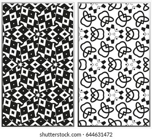 Vector monochrome seamless patterns set, abstract geometric texture. Ornament for interior design. Repeating abstract background with chaotic strokes.