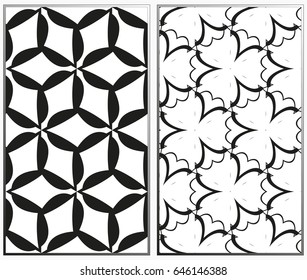Vector monochrome seamless patterns set, abstract geometric texture. Ornament for interior design. Repeating abstract background with chaotic strokes.
