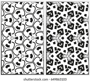 Vector monochrome seamless patterns set, abstract geometric texture. Ornament for interior design. Repeating background with chaotic strokes.
