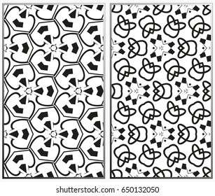 Vector monochrome seamless patterns set, abstract geometric texture. Ornament for interior design. Repeating abstract background with chaotic strokes.