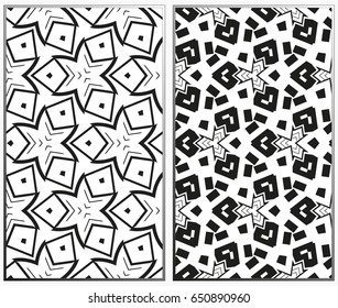 Vector monochrome seamless patterns set, abstract geometric texture. Ornament for interior design. Repeating abstract background with chaotic strokes.
