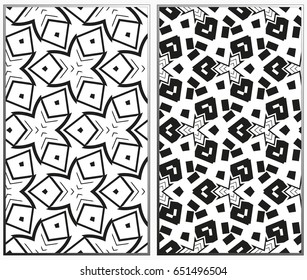 Vector monochrome seamless patterns set, abstract geometric texture. Ornament for interior design. Repeating abstract background with chaotic strokes.