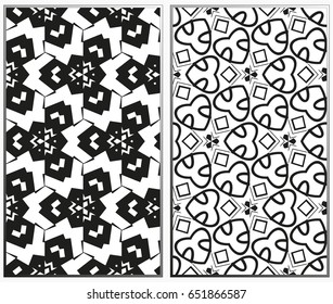 Vector monochrome seamless patterns set, abstract geometric texture. Ornament for interior design. Repeating abstract background with chaotic strokes.